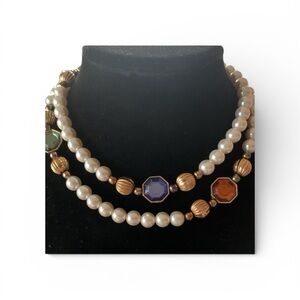 Faux Pearl and Multicolor Gem Necklace